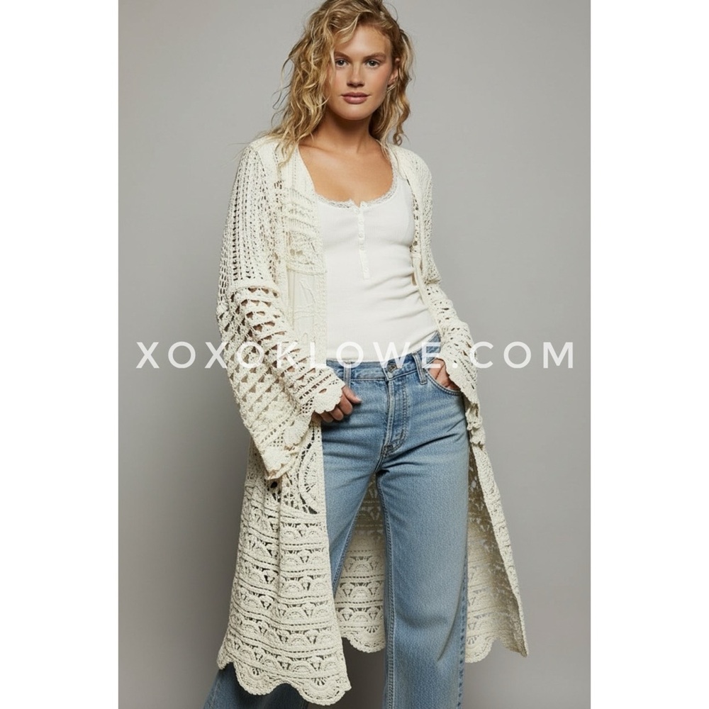 POL Cream Chenille Crochet Duster Cardigan | Long Open Knit Embroidered Boho - Picture 3 of 10